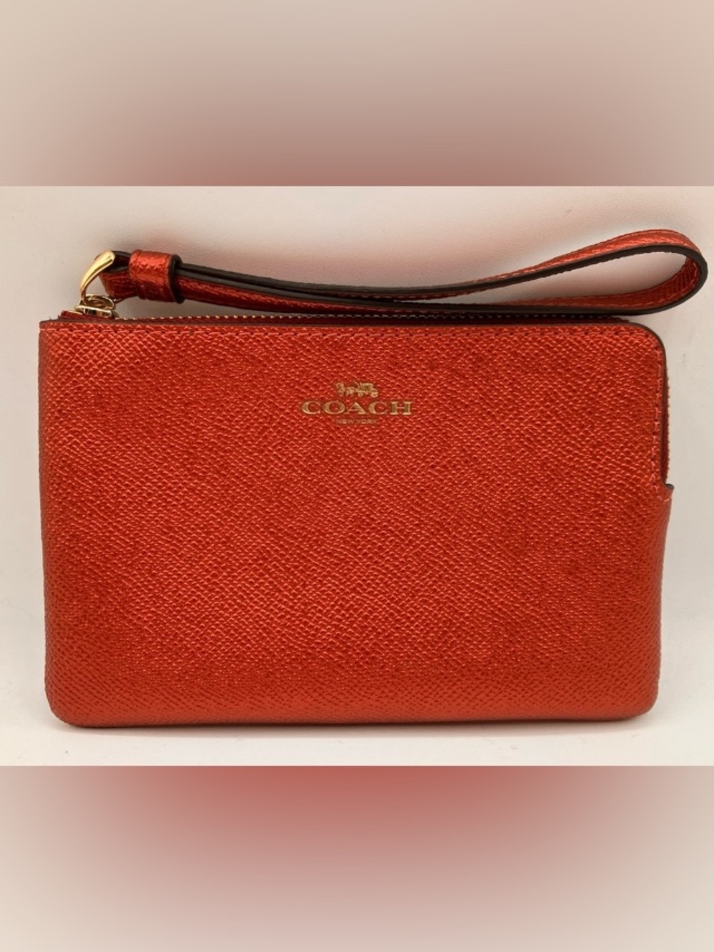 COACH RED METALLIC WRISLET CORNER ZIP POUCH